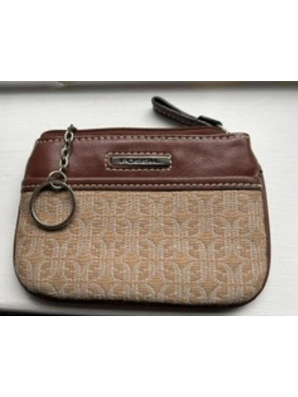 Fossil Small Brown Leather and Fabric Coin Purse with Key Ring
